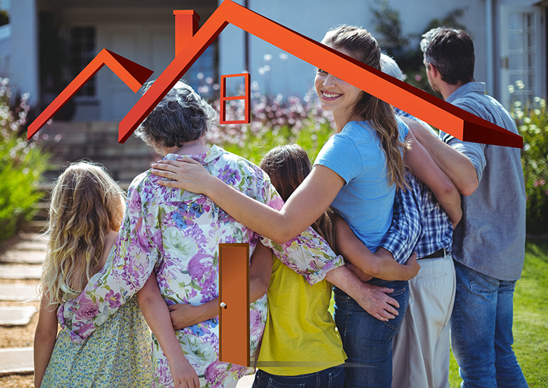 Graphic showing a multigenerational family under a roof